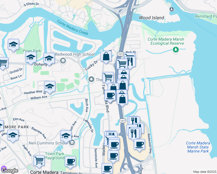 map of restaurants, bars, coffee shops, grocery stores, and more near 195 Tamal Vista Boulevard in Corte Madera