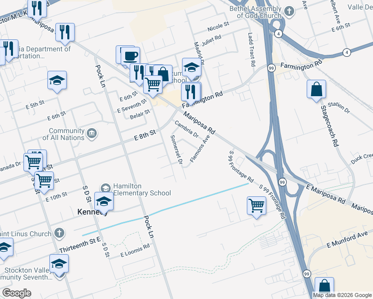 map of restaurants, bars, coffee shops, grocery stores, and more near 2614 Somerset Court in Stockton