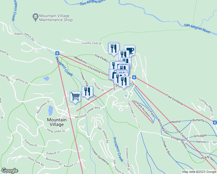 map of restaurants, bars, coffee shops, grocery stores, and more near 110 Aspen Ridge Drive in Mountain Village