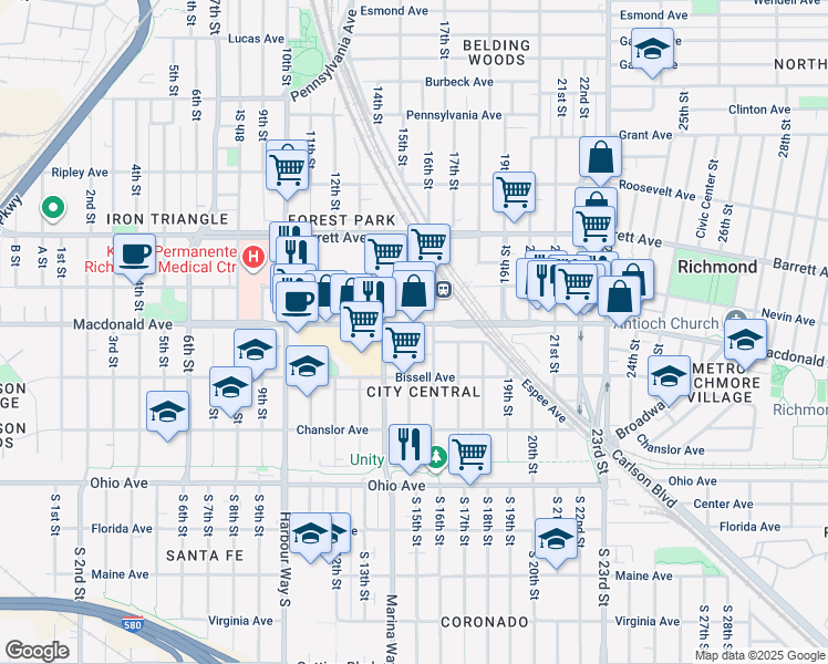map of restaurants, bars, coffee shops, grocery stores, and more near 248 15th Street in Richmond