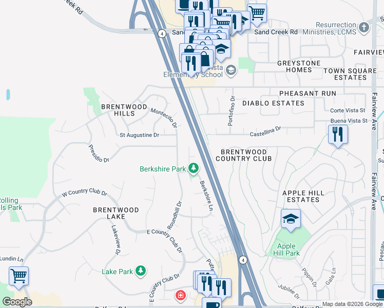 map of restaurants, bars, coffee shops, grocery stores, and more near 876 Inverness Lane in Brentwood