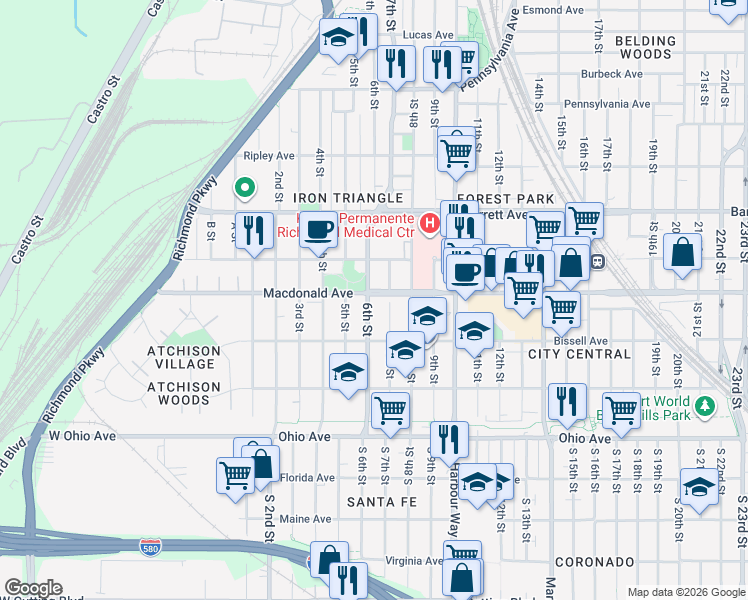 map of restaurants, bars, coffee shops, grocery stores, and more near 278 6th Street in Richmond
