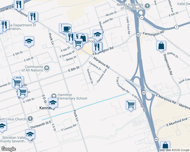 map of restaurants, bars, coffee shops, grocery stores, and more near 2614 Somerset Court in Stockton