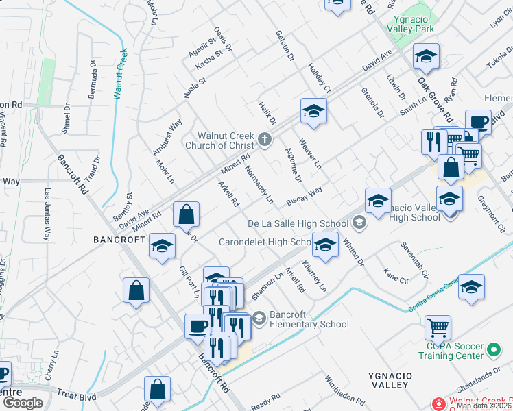 map of restaurants, bars, coffee shops, grocery stores, and more near 1770 Arkell Road in Walnut Creek