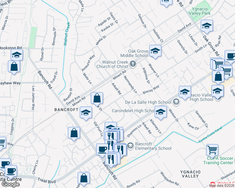 map of restaurants, bars, coffee shops, grocery stores, and more near 2360 Gill Port Lane in Walnut Creek