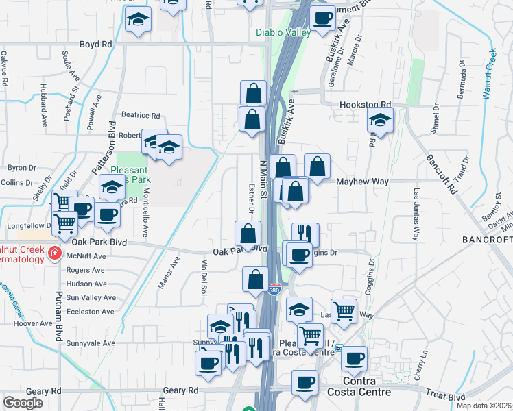 map of restaurants, bars, coffee shops, grocery stores, and more near 1029 Esther Drive in Pleasant Hill