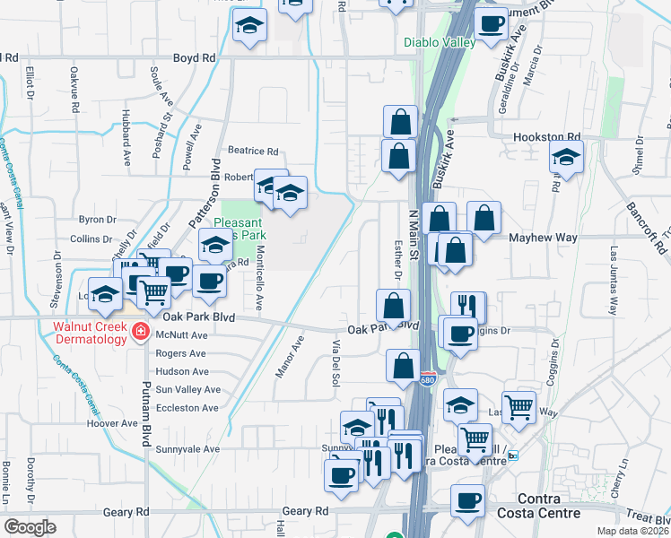 map of restaurants, bars, coffee shops, grocery stores, and more near 1632 Saint Lawrence Way in Pleasant Hill