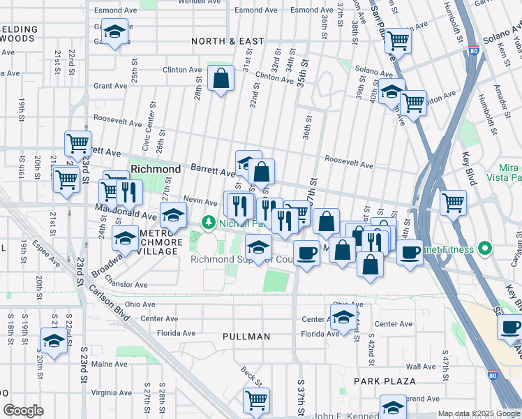 map of restaurants, bars, coffee shops, grocery stores, and more near 337 34th Street in Richmond