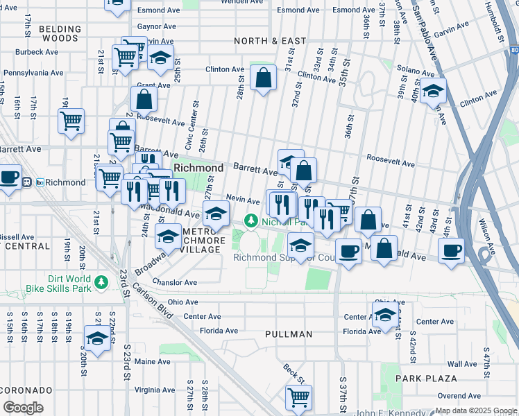 map of restaurants, bars, coffee shops, grocery stores, and more near 300 30th Street in Richmond