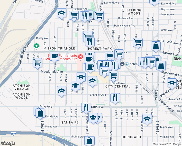 map of restaurants, bars, coffee shops, grocery stores, and more near 244 Harbour Way in Richmond