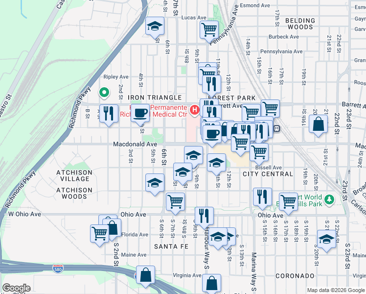 map of restaurants, bars, coffee shops, grocery stores, and more near 246 7th Street in Richmond