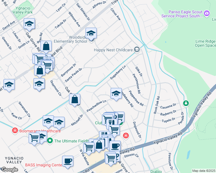map of restaurants, bars, coffee shops, grocery stores, and more near 651 Wintergreen Lane in Walnut Creek