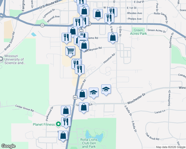 map of restaurants, bars, coffee shops, grocery stores, and more near 651 Houston Road in Rolla