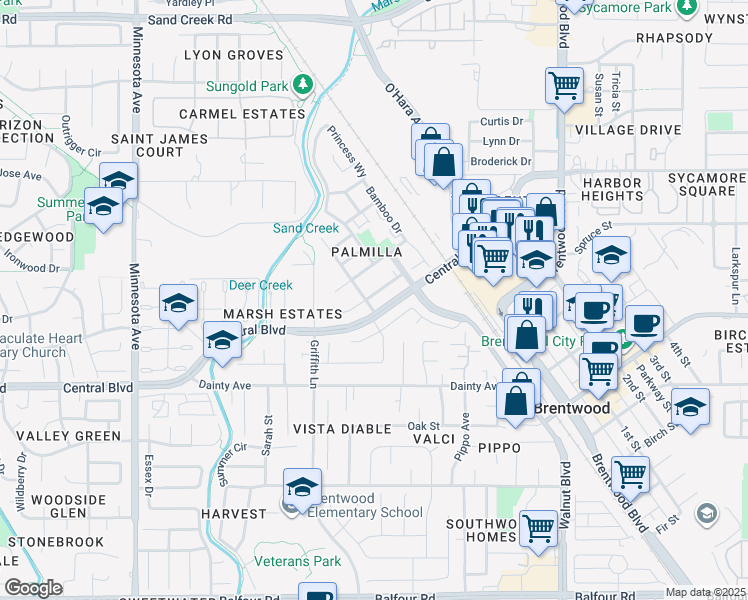 map of restaurants, bars, coffee shops, grocery stores, and more near 342 MacArthur Way in Brentwood