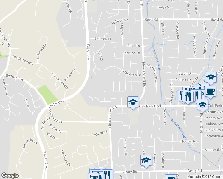 map of restaurants, bars, coffee shops, grocery stores, and more near 848 Cumberland Drive in Pleasant Hill