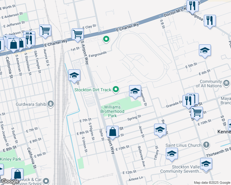 map of restaurants, bars, coffee shops, grocery stores, and more near 1563 Sixth Street East in Stockton