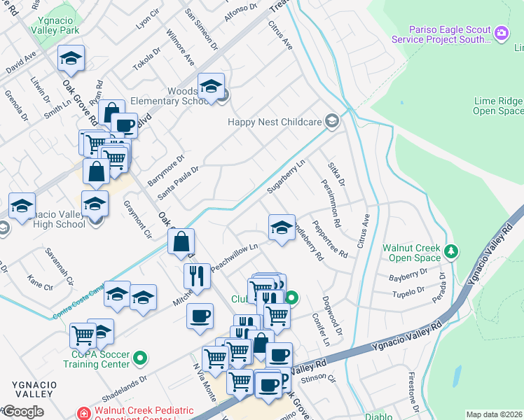 map of restaurants, bars, coffee shops, grocery stores, and more near 651 Wintergreen Lane in Walnut Creek
