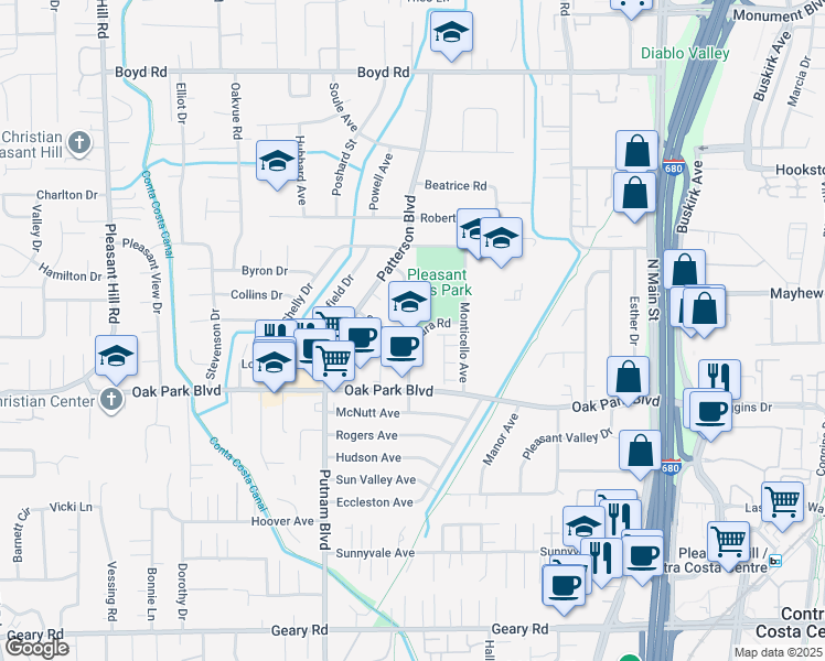 map of restaurants, bars, coffee shops, grocery stores, and more near 86 Santa Barbara Road in Pleasant Hill