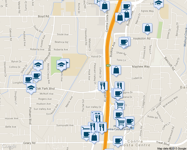 map of restaurants, bars, coffee shops, grocery stores, and more near 1024 Pleasant Valley Drive in Pleasant Hill