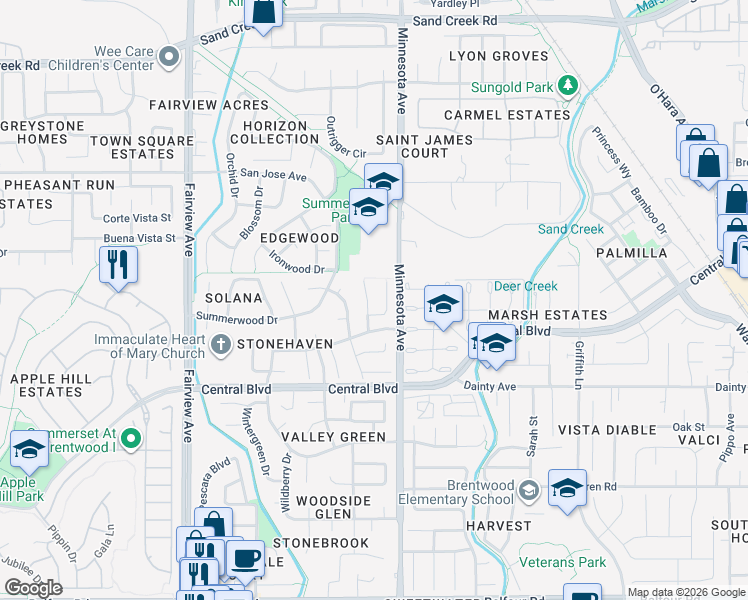 map of restaurants, bars, coffee shops, grocery stores, and more near 720 Allbrook Court in Brentwood