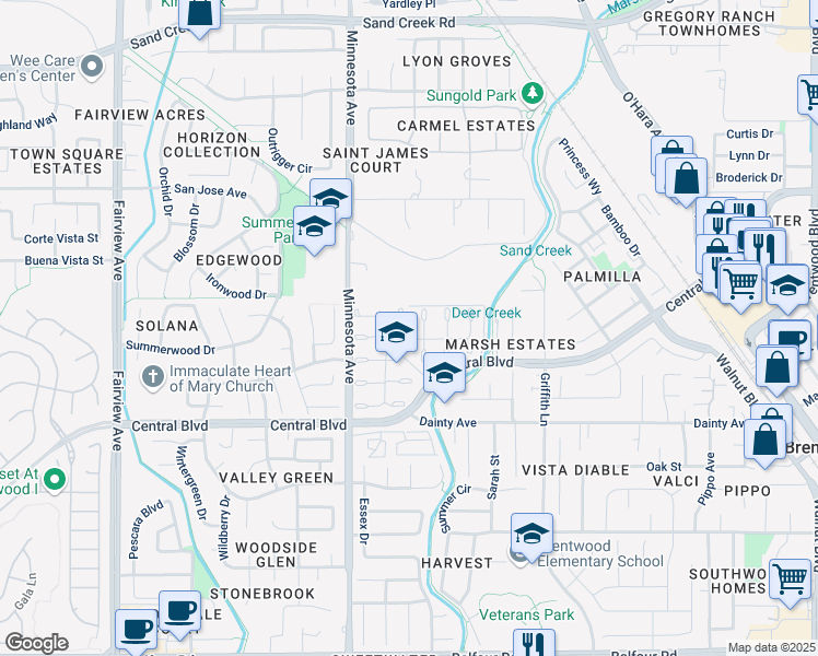 map of restaurants, bars, coffee shops, grocery stores, and more near 720 Rocky Creek Terrace in Brentwood