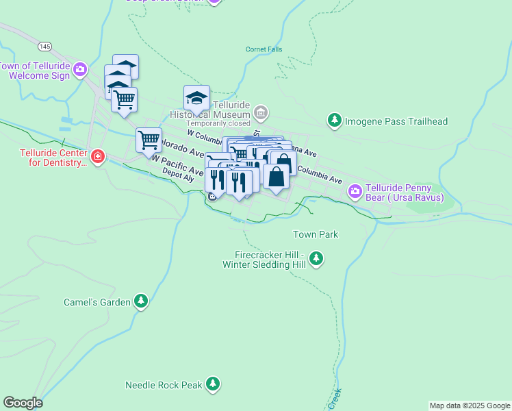 map of restaurants, bars, coffee shops, grocery stores, and more near 320 South Pine Street in Telluride