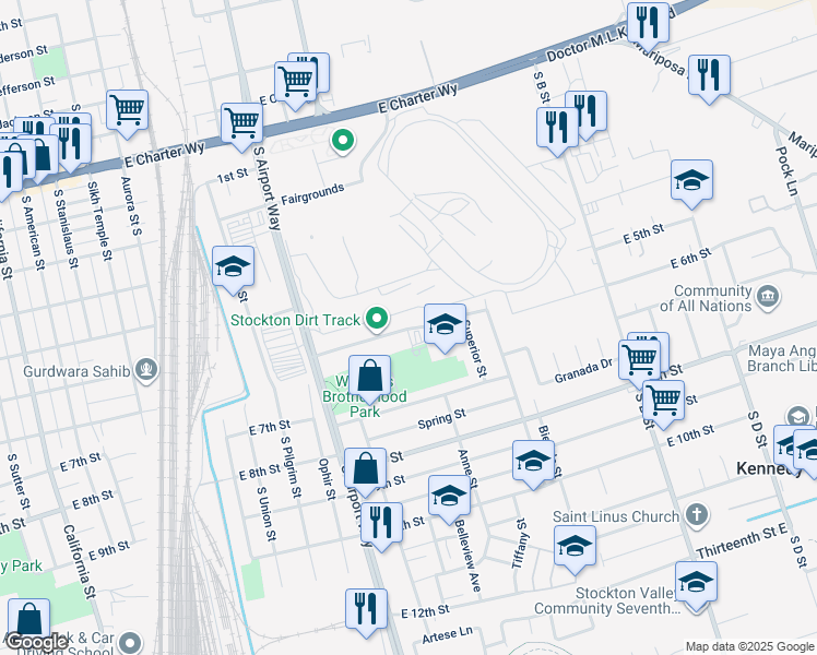 map of restaurants, bars, coffee shops, grocery stores, and more near 1624 East 6th Street in Stockton