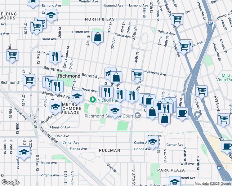 map of restaurants, bars, coffee shops, grocery stores, and more near 337 34th Street in Richmond
