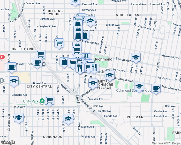 map of restaurants, bars, coffee shops, grocery stores, and more near 256 24th Street in Richmond