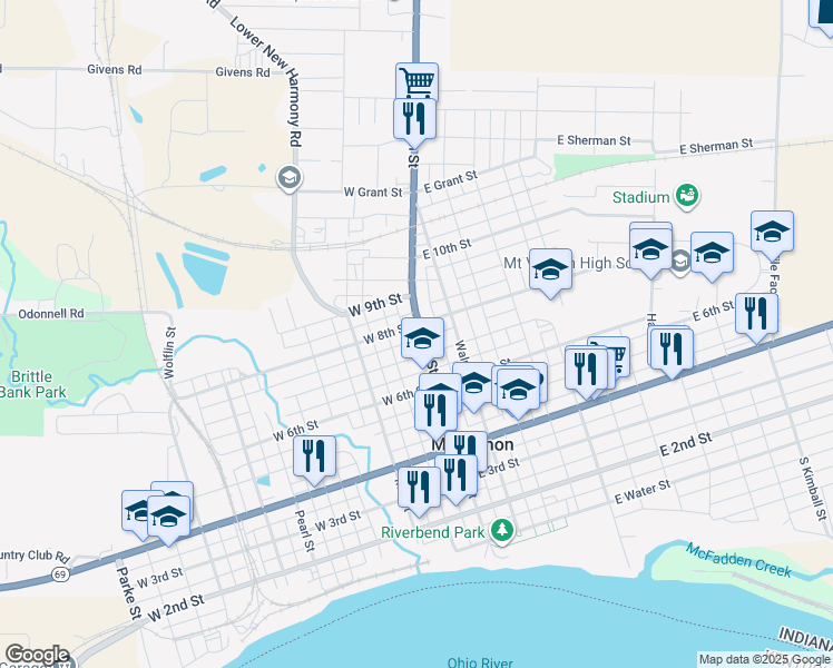 map of restaurants, bars, coffee shops, grocery stores, and more near 101-151 W 7th St in Mt Vernon
