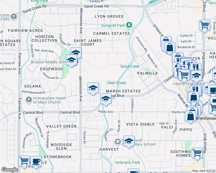 map of restaurants, bars, coffee shops, grocery stores, and more near 685 Willowcreek Terrace in Brentwood