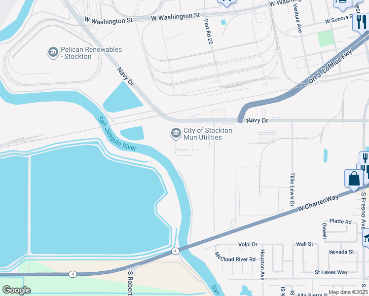 map of restaurants, bars, coffee shops, grocery stores, and more near 2500 Navy Drive in Stockton