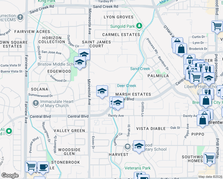 map of restaurants, bars, coffee shops, grocery stores, and more near 680 Timberline Terrace in Brentwood