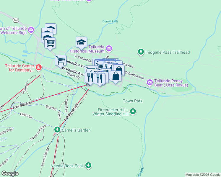 map of restaurants, bars, coffee shops, grocery stores, and more near 320 South Pine Street in Telluride