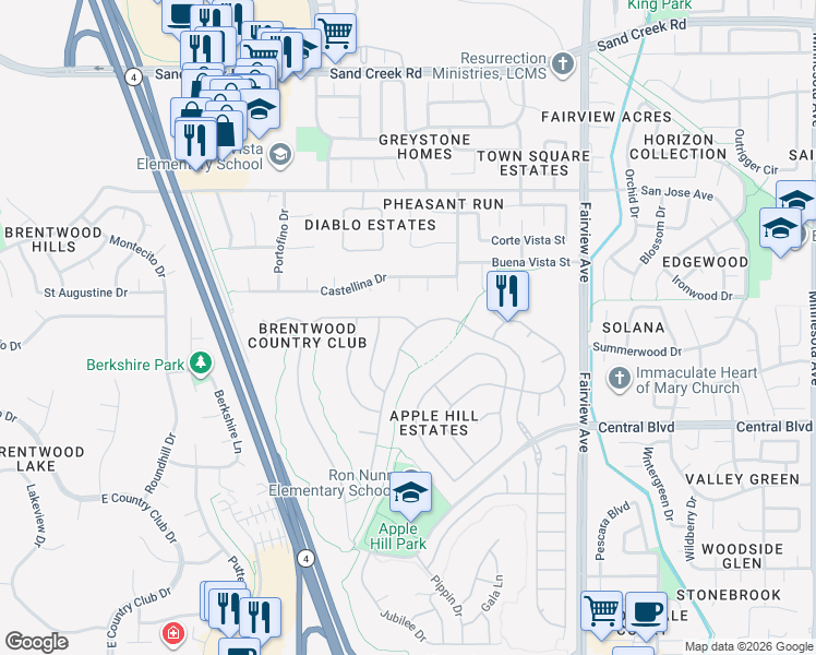 map of restaurants, bars, coffee shops, grocery stores, and more near 689 Apple Hill Drive in Brentwood