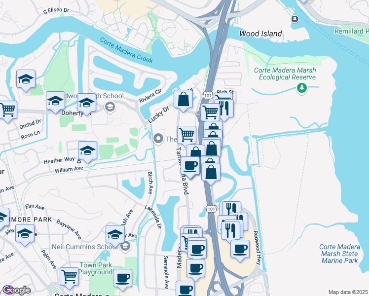 map of restaurants, bars, coffee shops, grocery stores, and more near 197 Tamal Vista Boulevard in Corte Madera