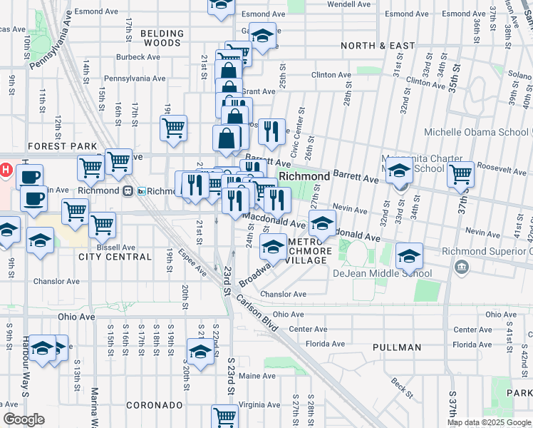 map of restaurants, bars, coffee shops, grocery stores, and more near 256 24th Street in Richmond