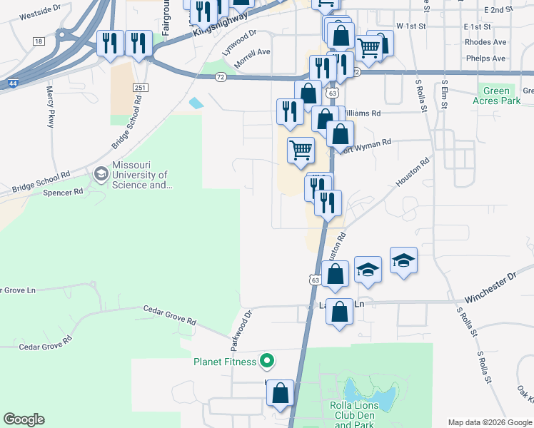 map of restaurants, bars, coffee shops, grocery stores, and more near 618 South Adrian Avenue in Rolla