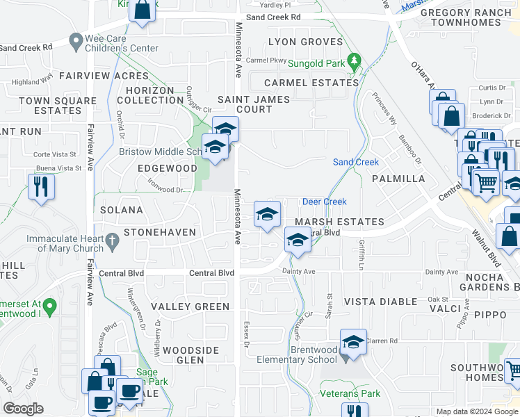 map of restaurants, bars, coffee shops, grocery stores, and more near 730 Forest View Common in Brentwood