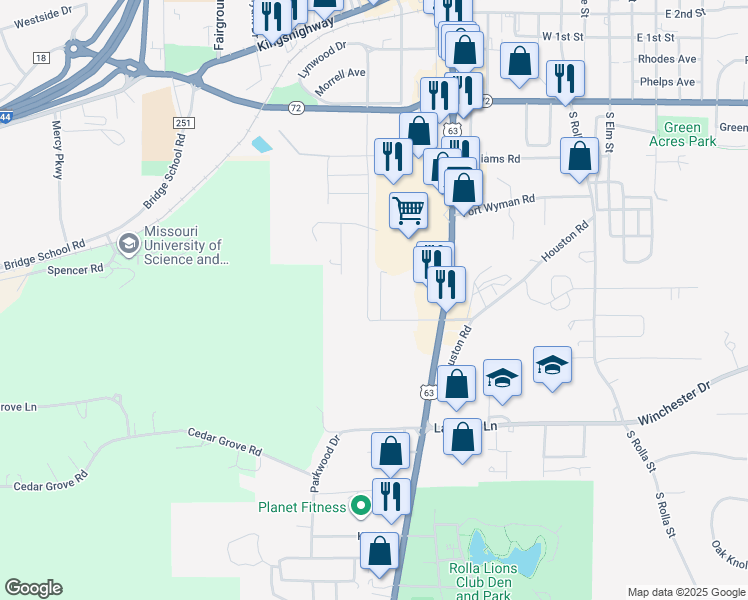 map of restaurants, bars, coffee shops, grocery stores, and more near 619 South Adrian Avenue in Rolla