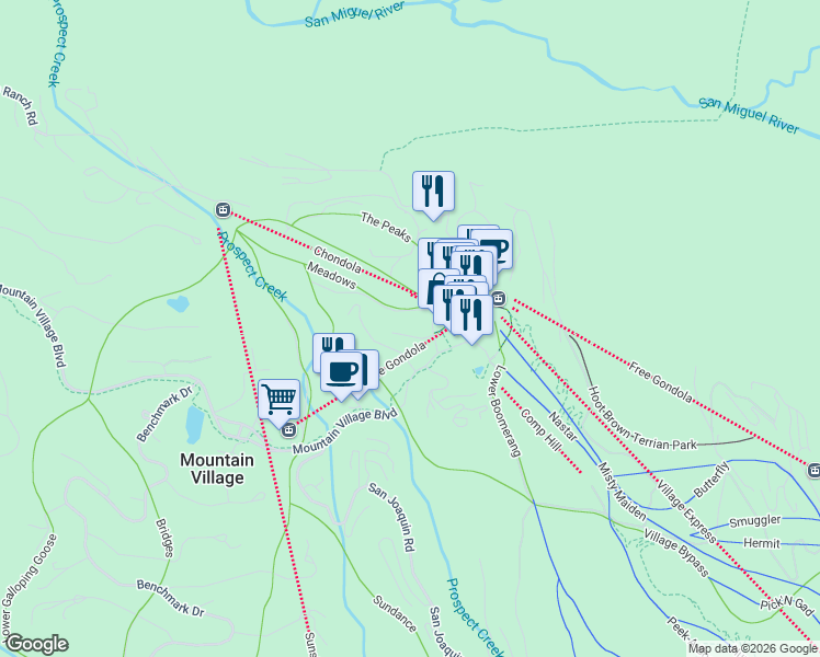 map of restaurants, bars, coffee shops, grocery stores, and more near in Mountain Village