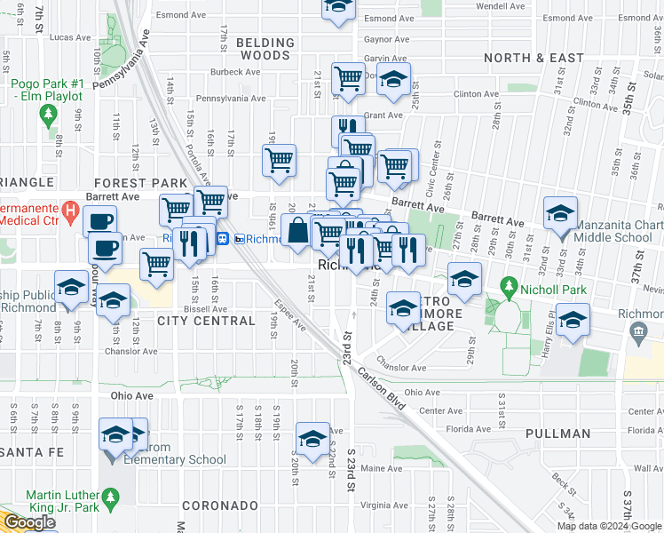 map of restaurants, bars, coffee shops, grocery stores, and more near 261 22nd Street in Richmond