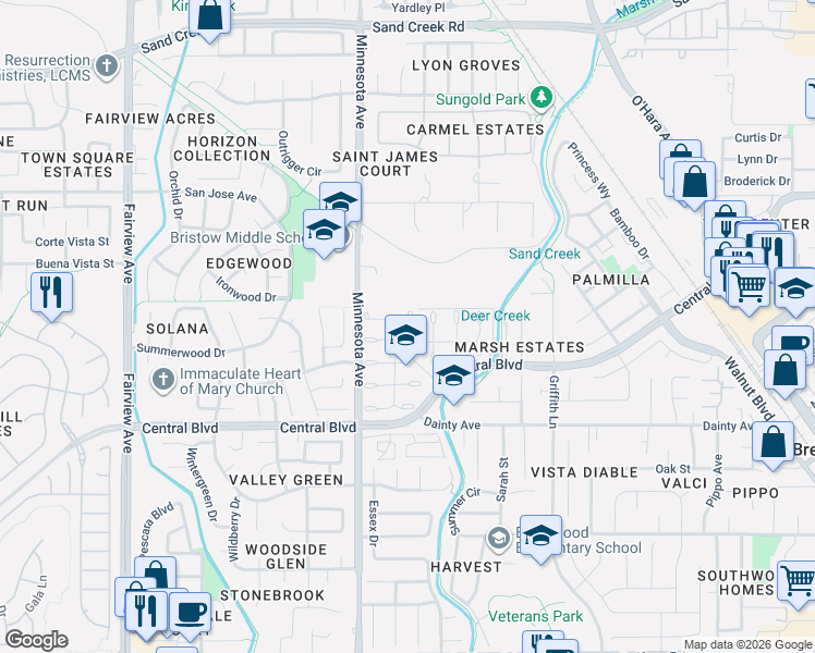 map of restaurants, bars, coffee shops, grocery stores, and more near 695 Forest View Common in Brentwood