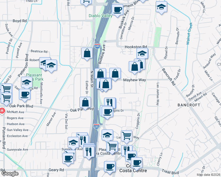 map of restaurants, bars, coffee shops, grocery stores, and more near 510 Ashton Way in Pleasant Hill