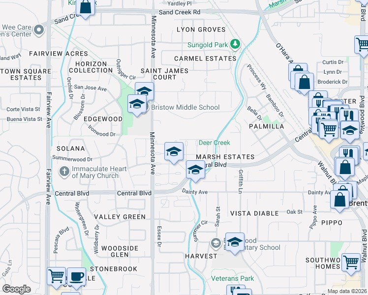 map of restaurants, bars, coffee shops, grocery stores, and more near 680 Timberline Terrace in Brentwood