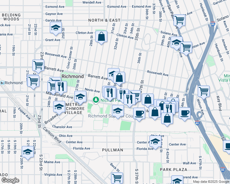 map of restaurants, bars, coffee shops, grocery stores, and more near 406 33rd Street in Richmond
