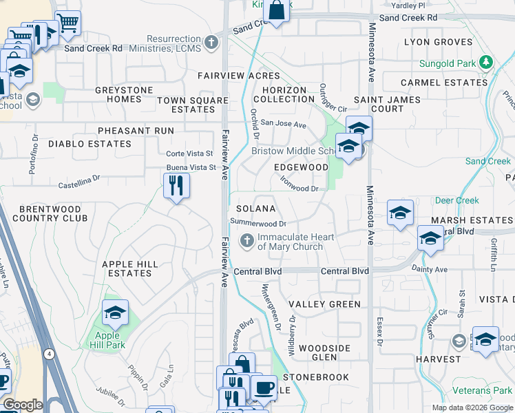 map of restaurants, bars, coffee shops, grocery stores, and more near 723 Sunlight Drive in Brentwood