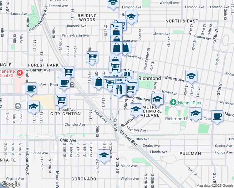 map of restaurants, bars, coffee shops, grocery stores, and more near in Richmond