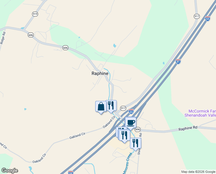 map of restaurants, bars, coffee shops, grocery stores, and more near 2139 Raphine Road in Raphine