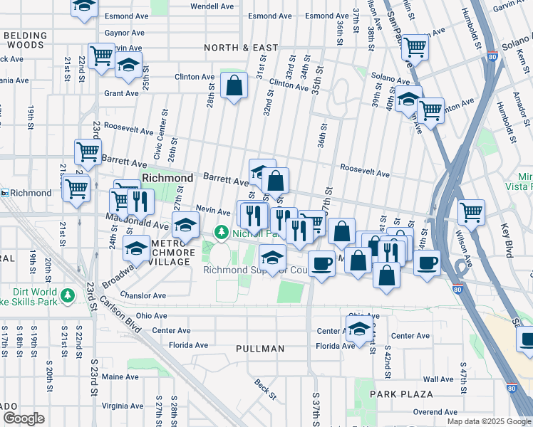 map of restaurants, bars, coffee shops, grocery stores, and more near 456 33rd Street in Richmond